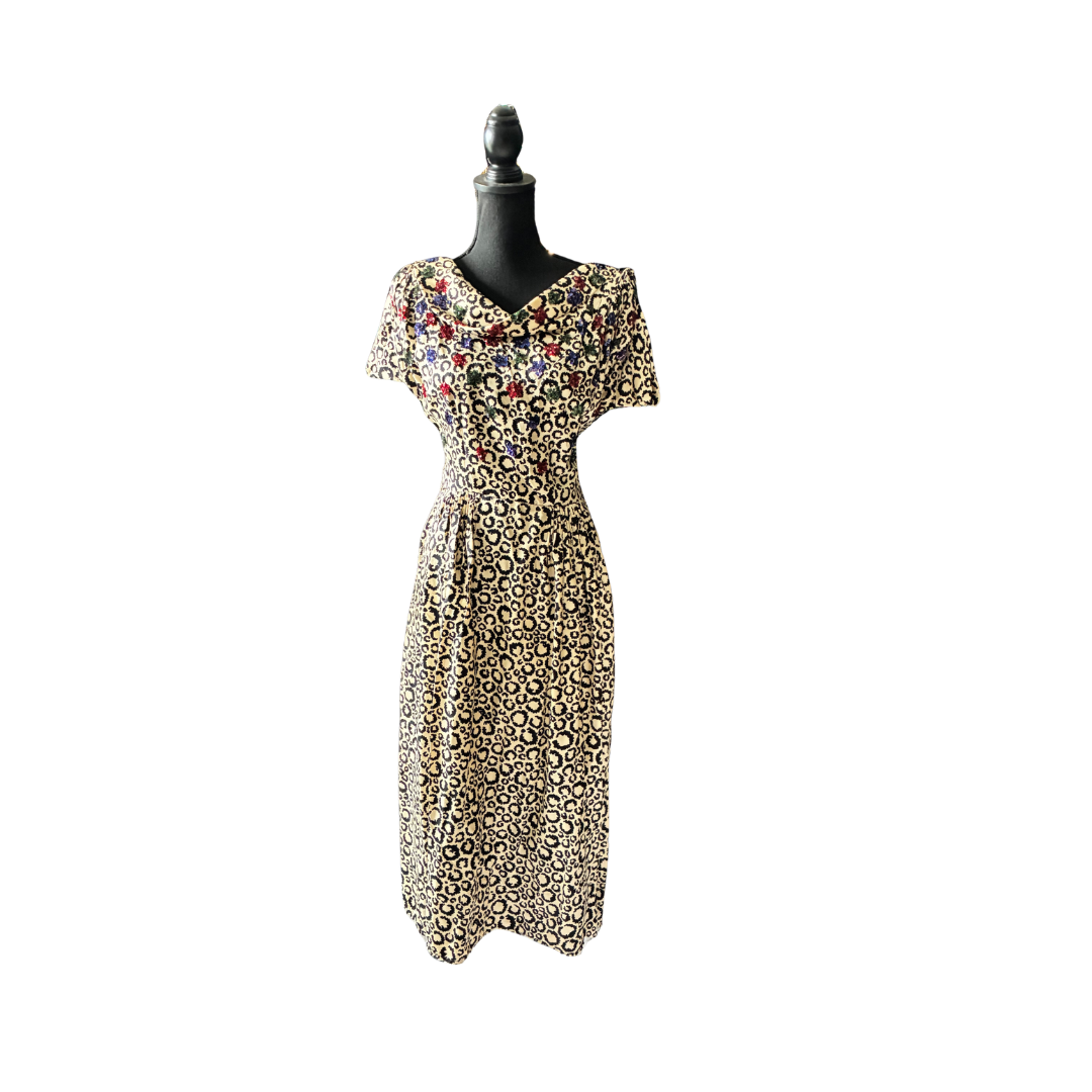 White and Black Silk Cocktail Swing Dress with Multicolor Sequins - Size XL