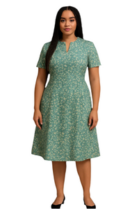 Forever Young Brand 60s Green White & Beige Flowers Day Dress - Size L/XL