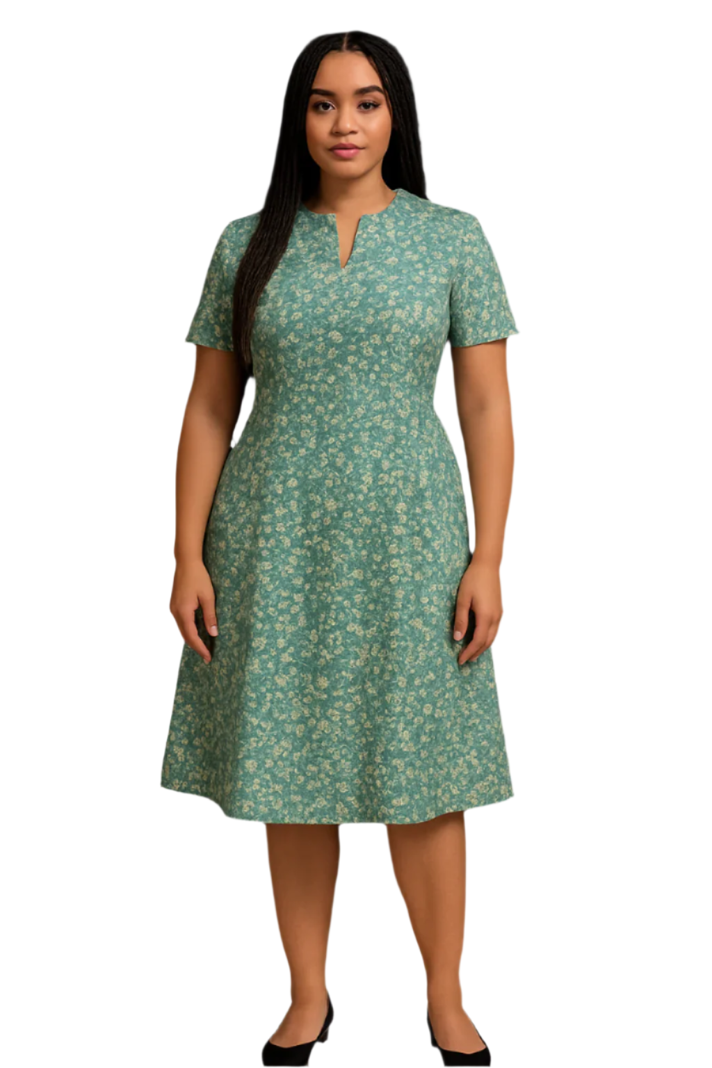 Forever Young Brand 60s Green White & Beige Flowers Day Dress - Size L/XL