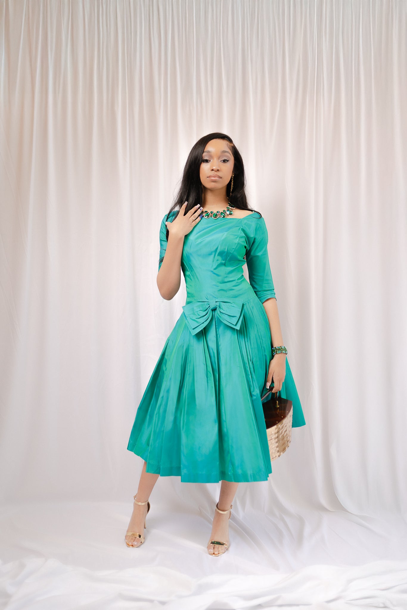 1950s Emerald Green Bateau Cocktail Dress - Size S