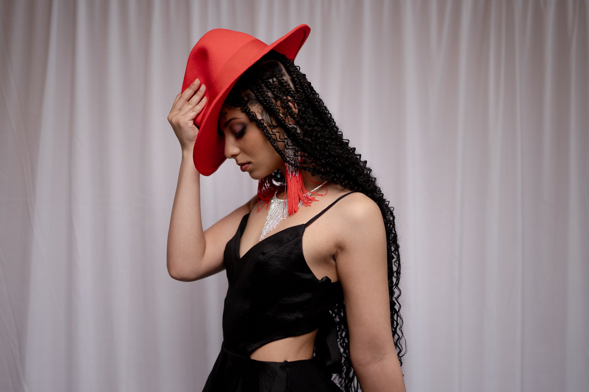 Red Asymmetric Wool Fedora with Bow- Size S