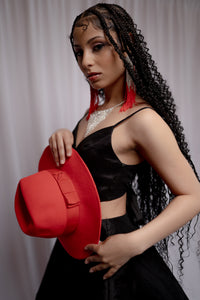 Red Asymmetric Wool Fedora with Bow- Size S