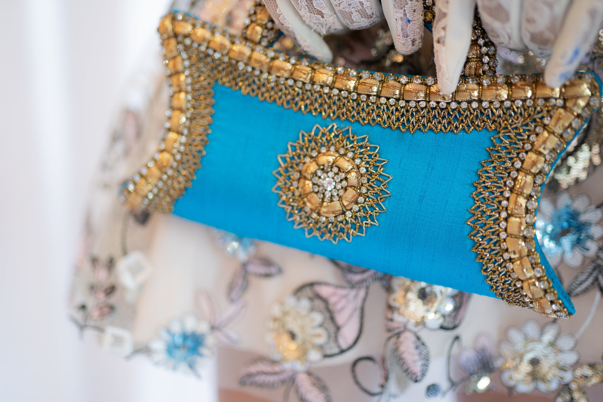 Vintage Blue Beaded Linen Clutch