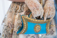 Vintage Blue Beaded Linen Clutch