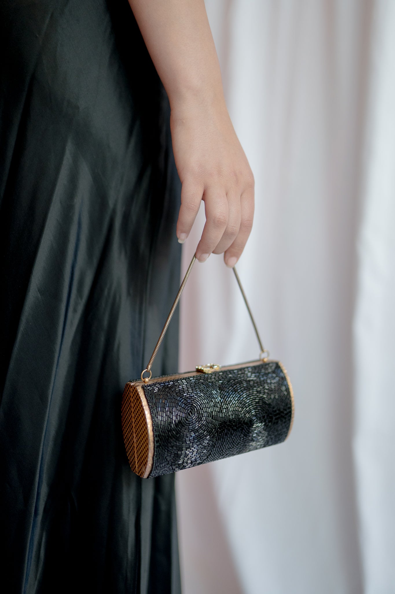 Vintage Black Beaded Box Clutch with Gold Hardware