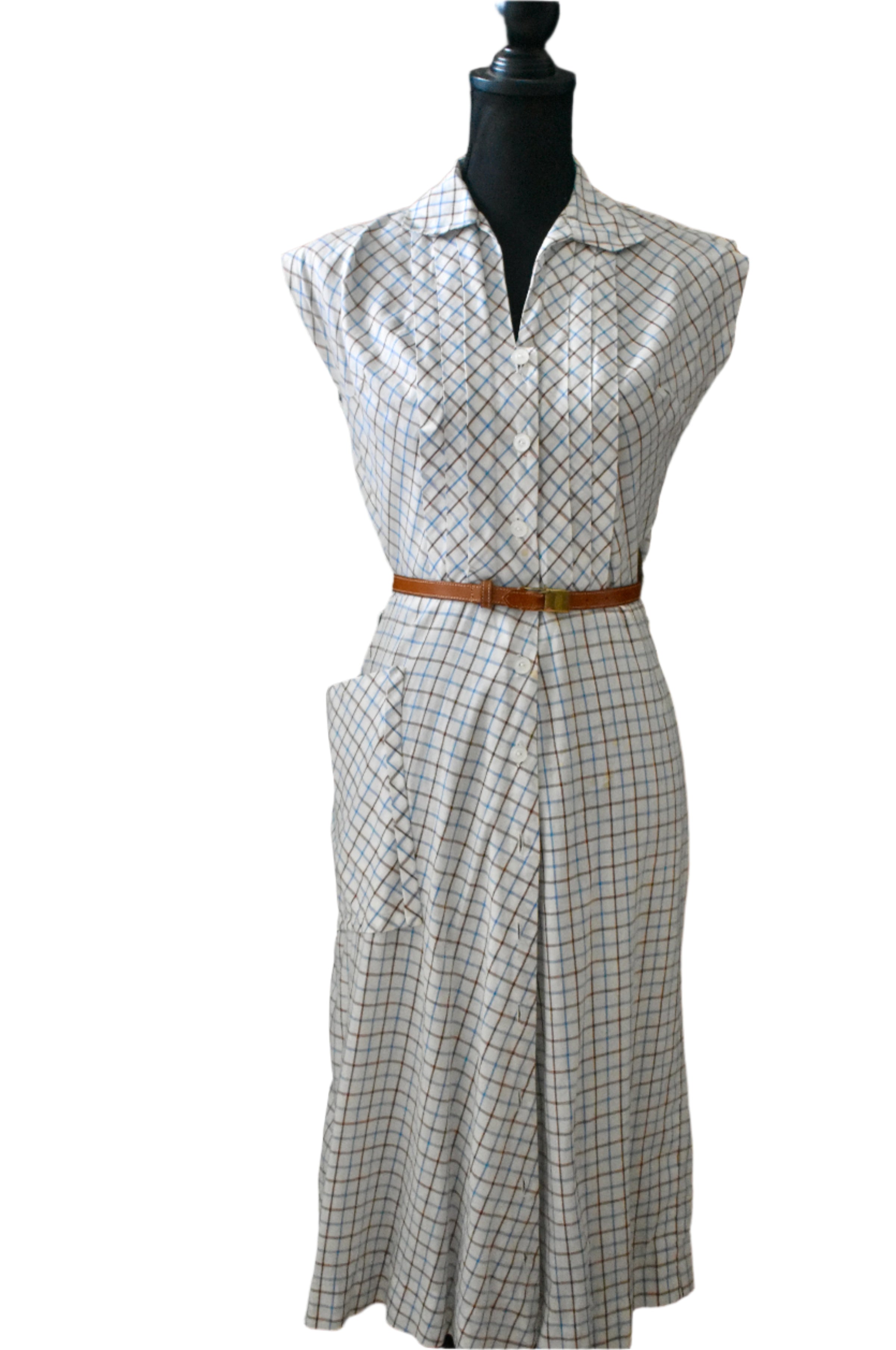 Vintage White Belted Button-Front Day Dress – Size XS