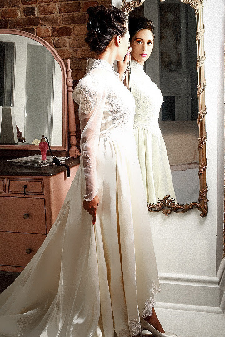 1970s wedding dresses 1970s Vintage Mexican Wedding Dress with Bell Sleeves and Lace main image 0