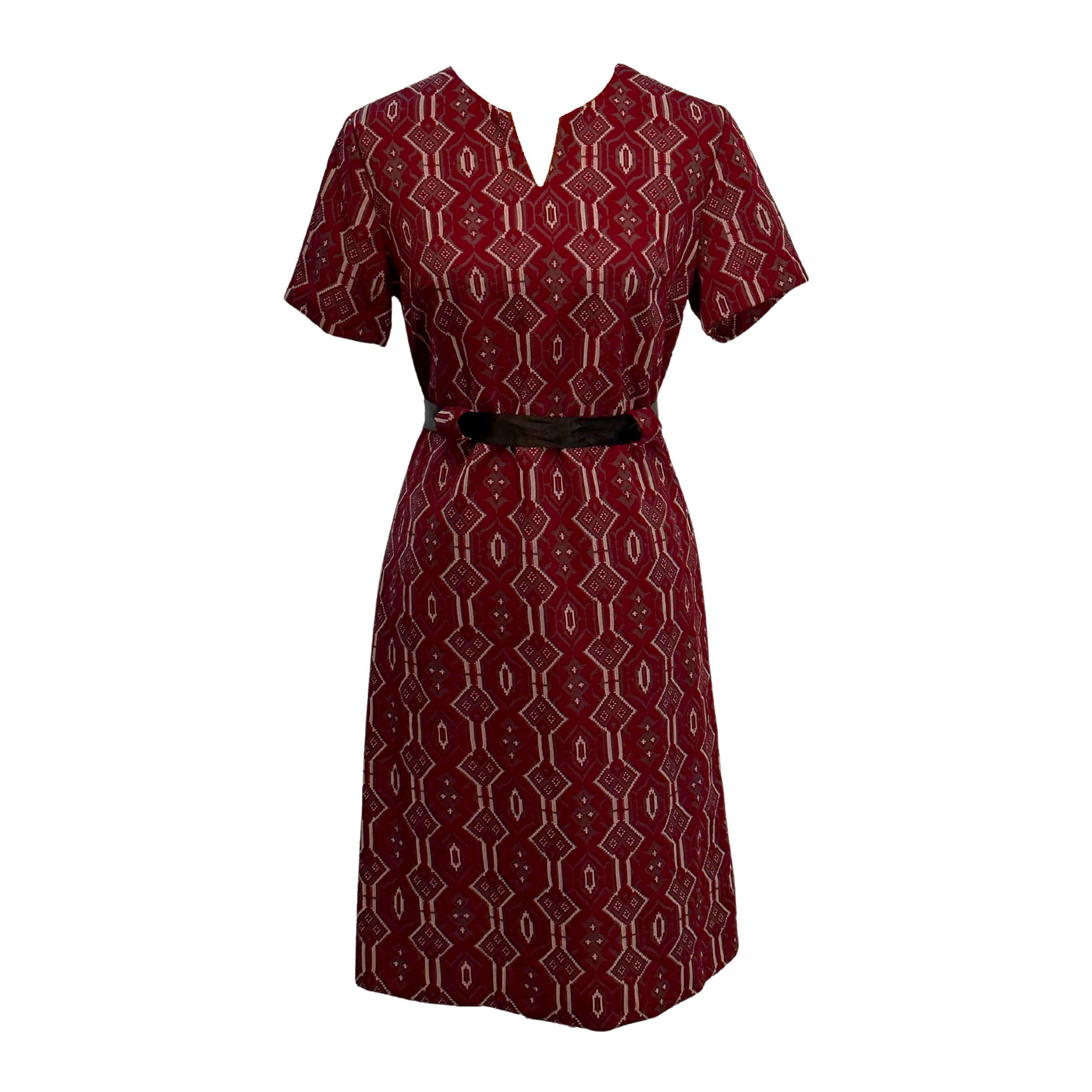 Belted Geometric Charm Dress in Burgundy – Size L