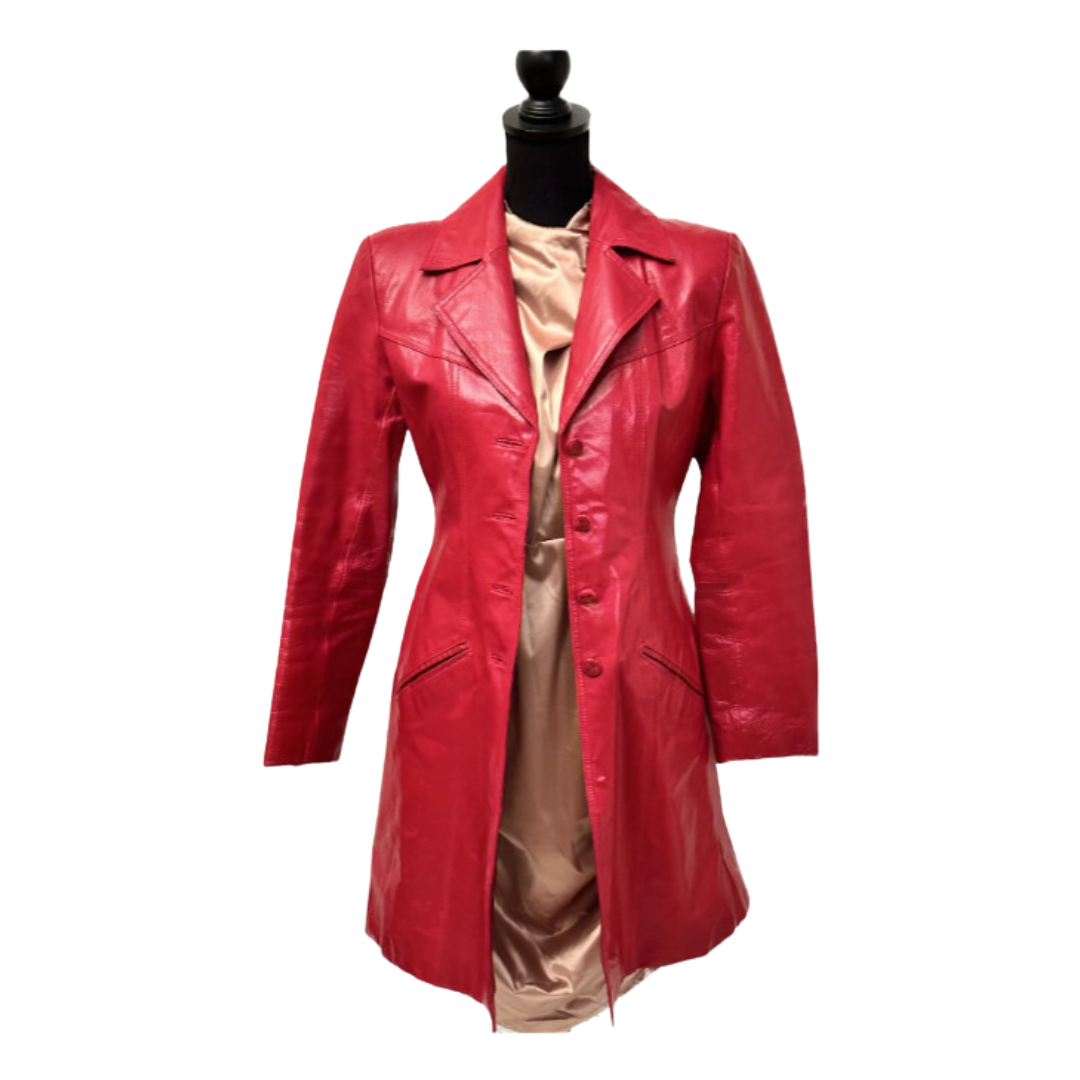 Vintage 1970s Genuine Red Leather Trench Coat- Size S