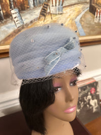 Vintage Baby Blue Hat with Velvet Bow and Net Detail