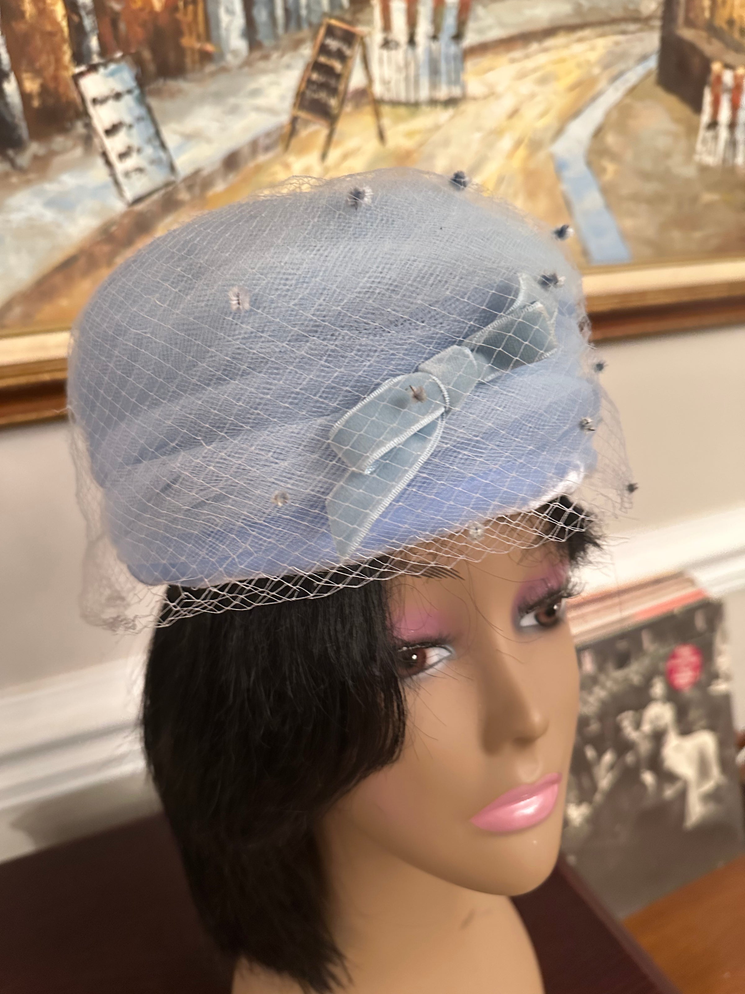 Vintage Baby Blue Hat with Velvet Bow and Net Detail