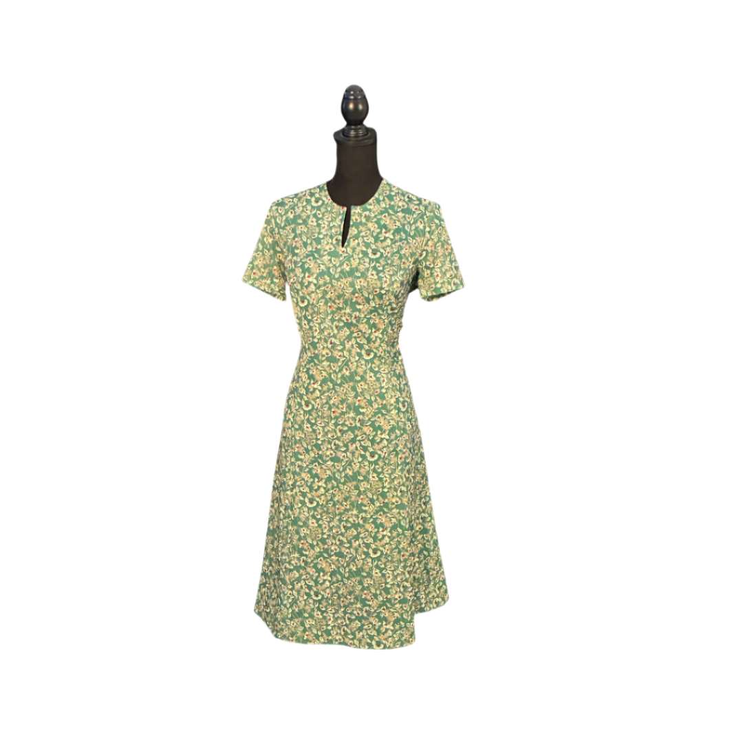Forever Young Brand 60s Green White & Beige Flowers Day Dress - Size L/XL