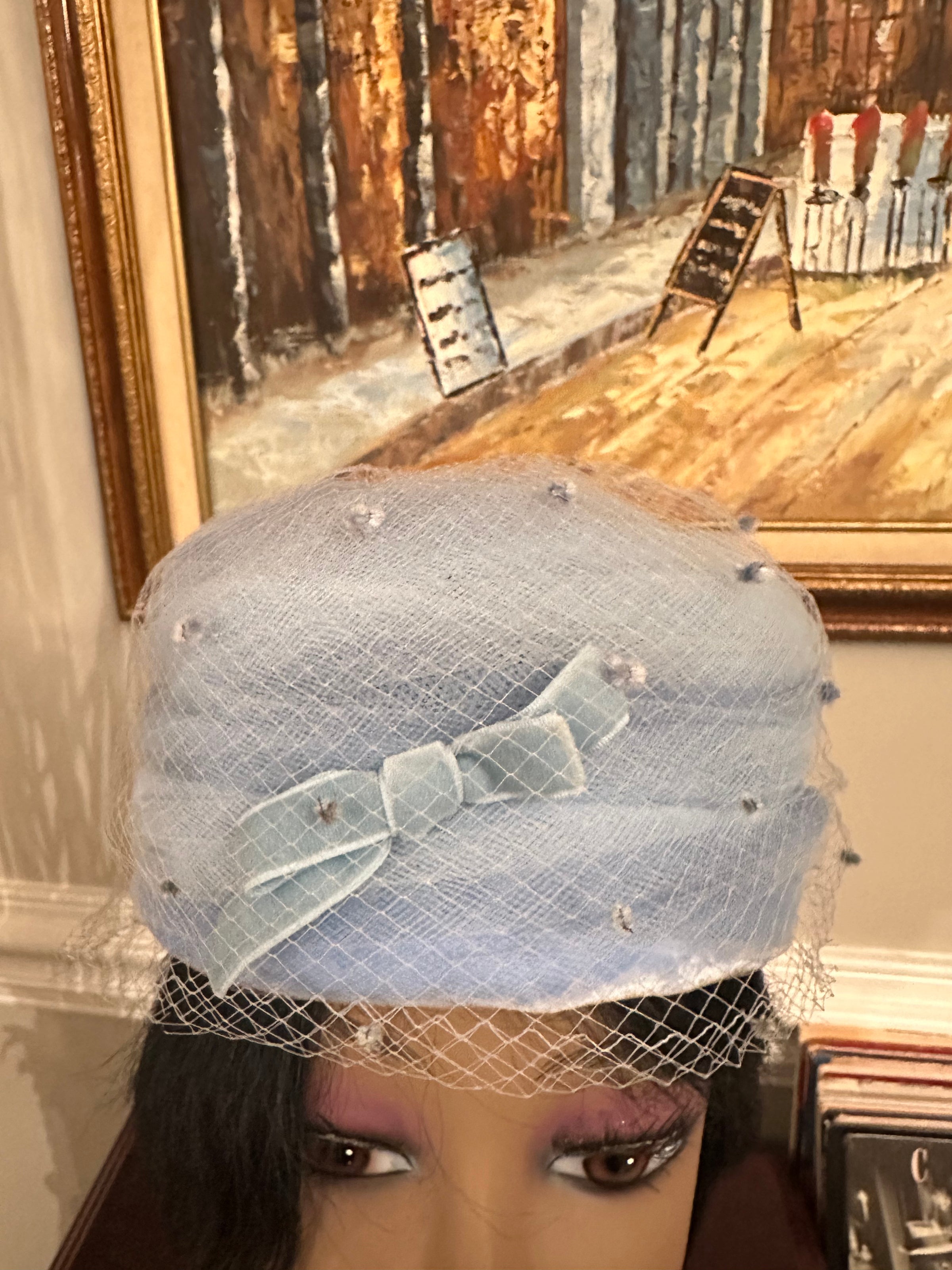 Vintage Baby Blue Hat with Velvet Bow and Net Detail