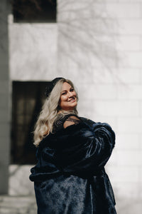 Luxurious Dark Blue Faux Mink Coat - Size XL