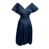 Vintage V-Neck Ruffled Dress with Bow Accents in Midnight Blue – Size 12