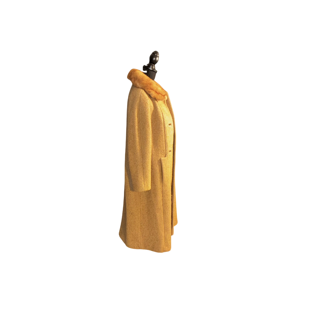 Honey Textured Wool Coat Fur Collar Classic 60s Tailored Coat - Size M