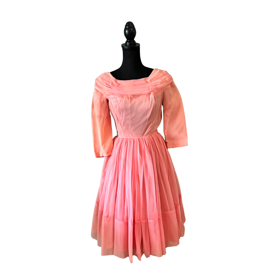 chiffon 50s dress Late 50s/ Early 60s Pink Chiffon Maxi Dress
