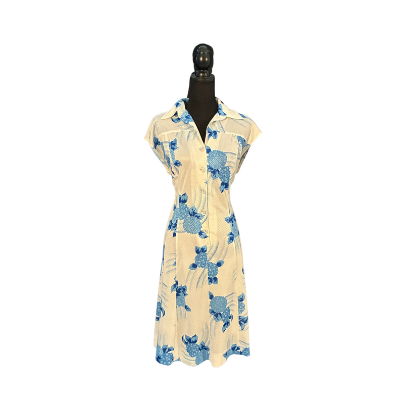 Vintage Blue and White Floral Summer Dress - Size L/XL (12-14)