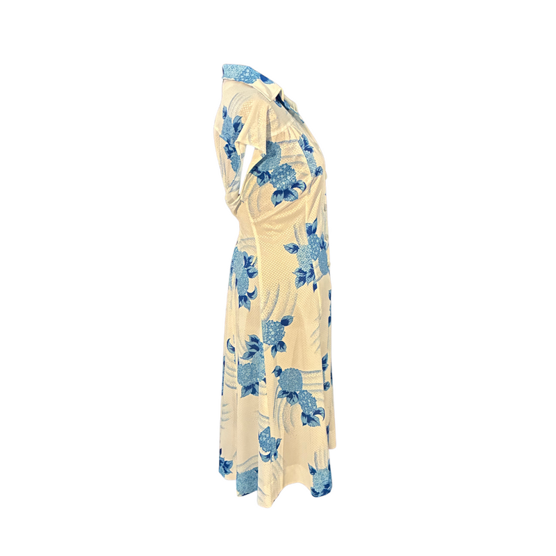 Vintage Blue and White Floral Summer Dress - Size L/XL (12-14)