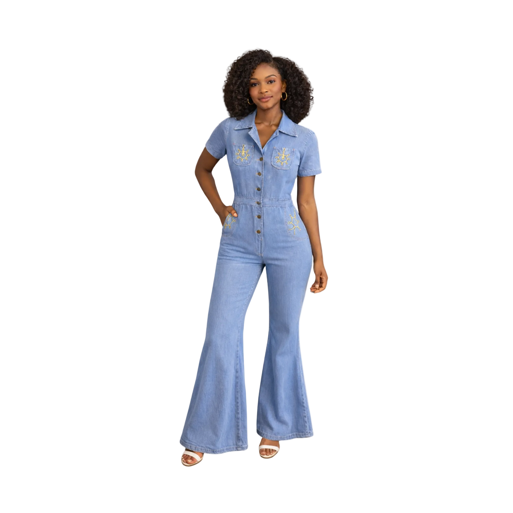 Vintage 1970s Outrageous Embroidered Denim Bell Bottom Jumpsuit – Size 9/10