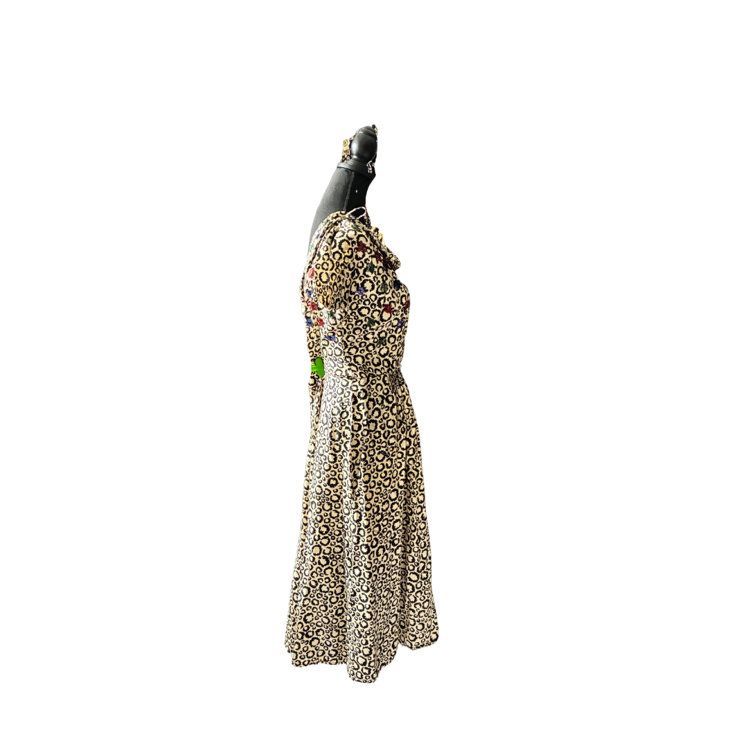 White and black silk cocktail swing dress with red/blue/green sequins Size XL