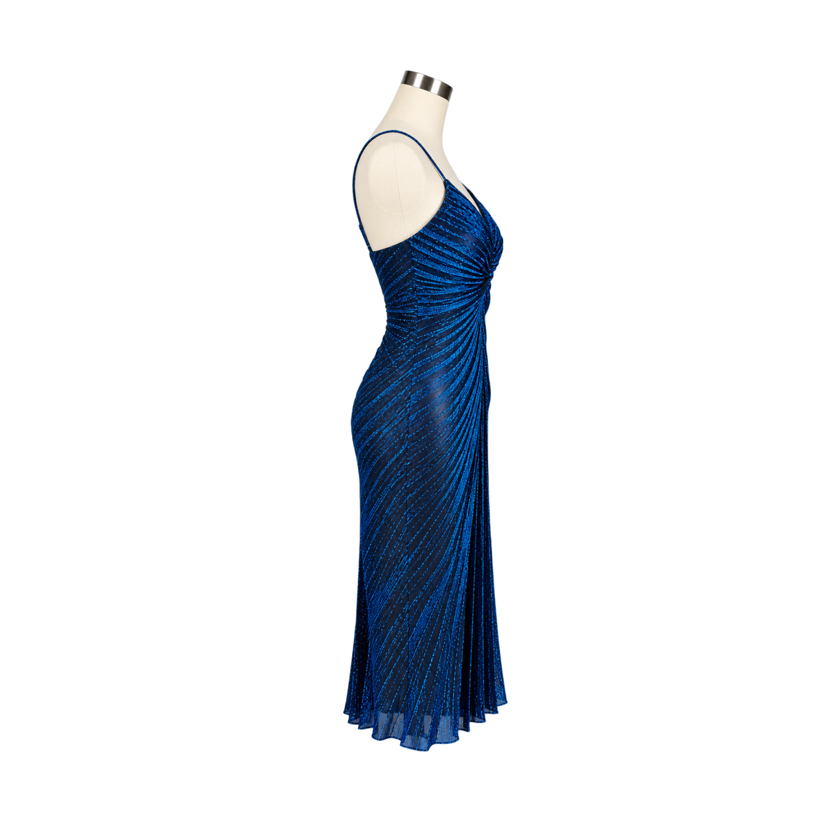 VTG 80s Metallic Blue Lurex Pleated Marilyn Monroe Wiggle Midi Gown