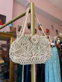 1950s Cream Macrame Handbag with Wooden Bar Handles