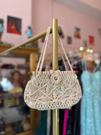1950s Cream Macrame Handbag with Wooden Bar Handles