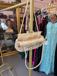 1950s Cream Macrame Handbag with Wooden Bar Handles