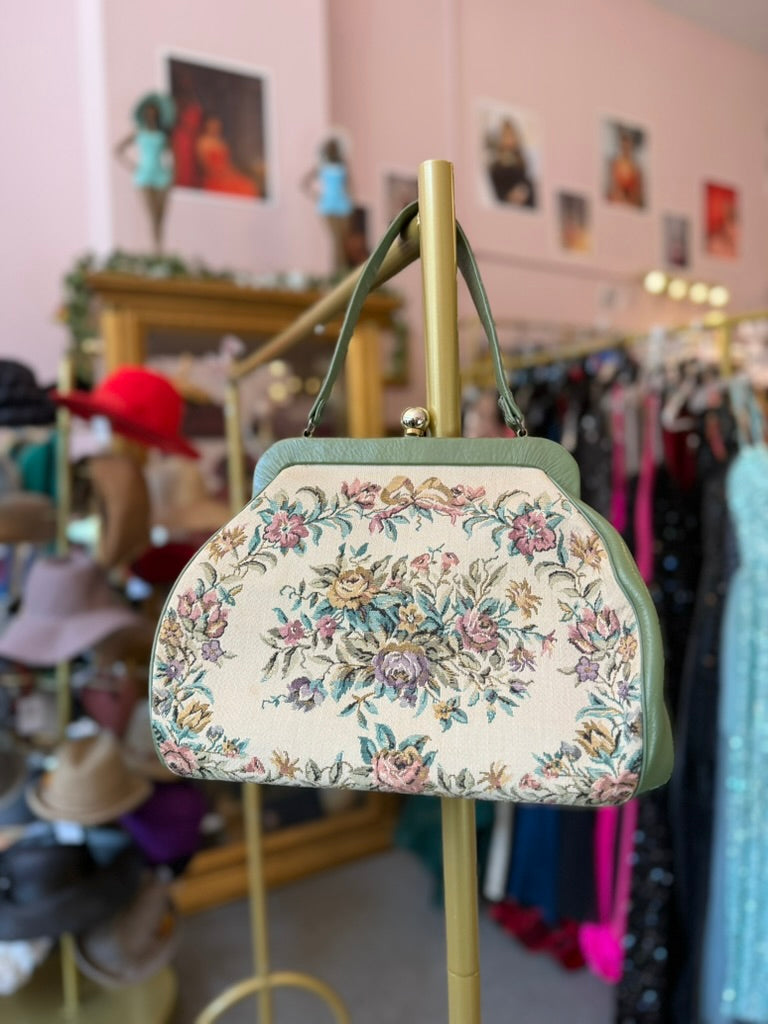 1960s Cream Tapestry Floral Handbag with Sage Green Trim