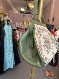 1960s Cream Tapestry Floral Handbag with Sage Green Trim