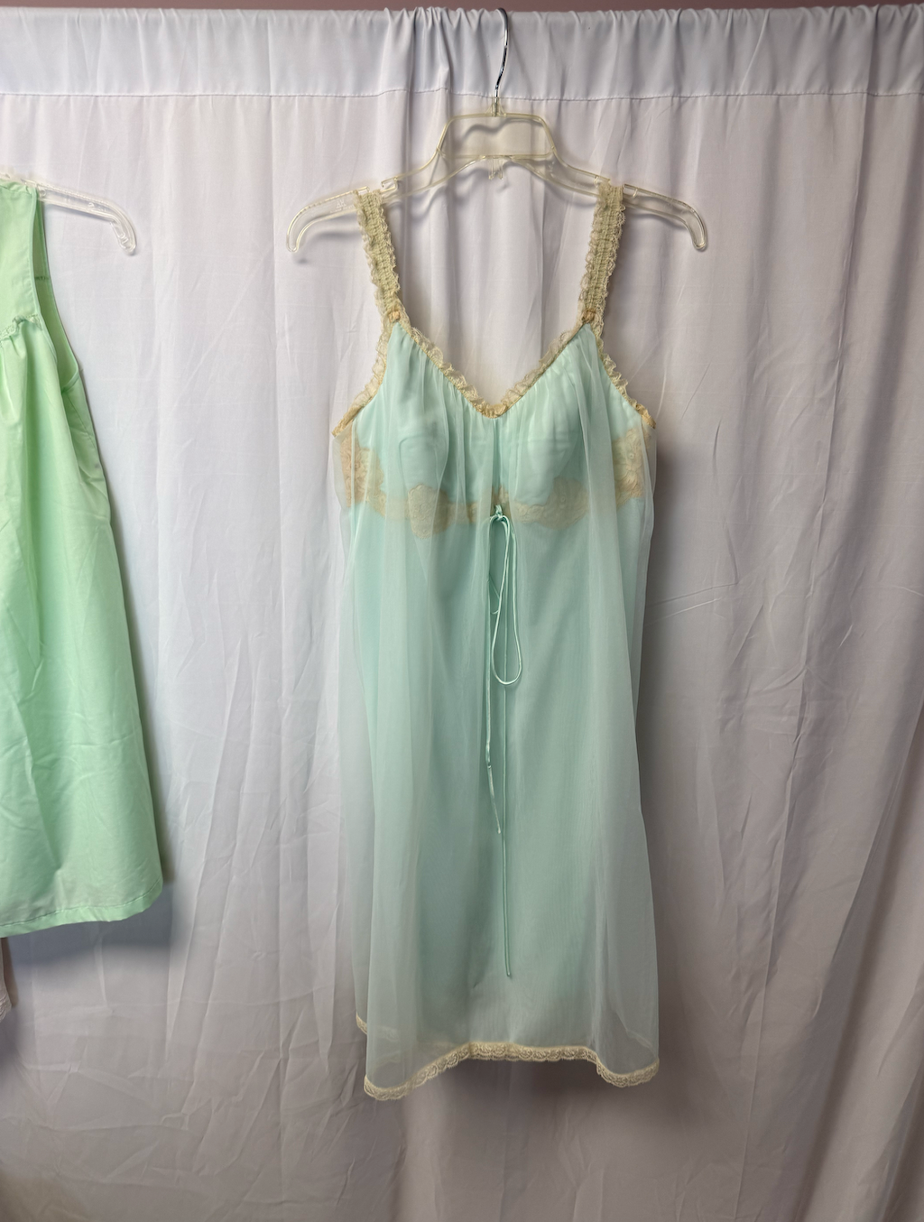 1960s Sheer Aqua Lingerie Slip with Cream Lace Trim – Size 38