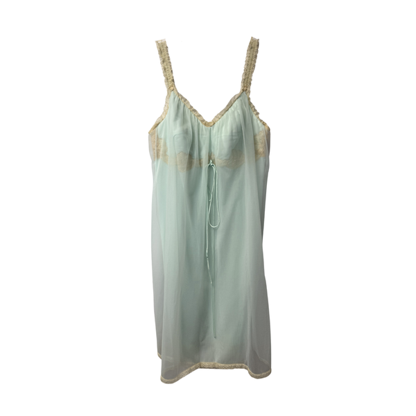 1960s Sheer Aqua Lingerie Slip with Cream Lace Trim – Size 38