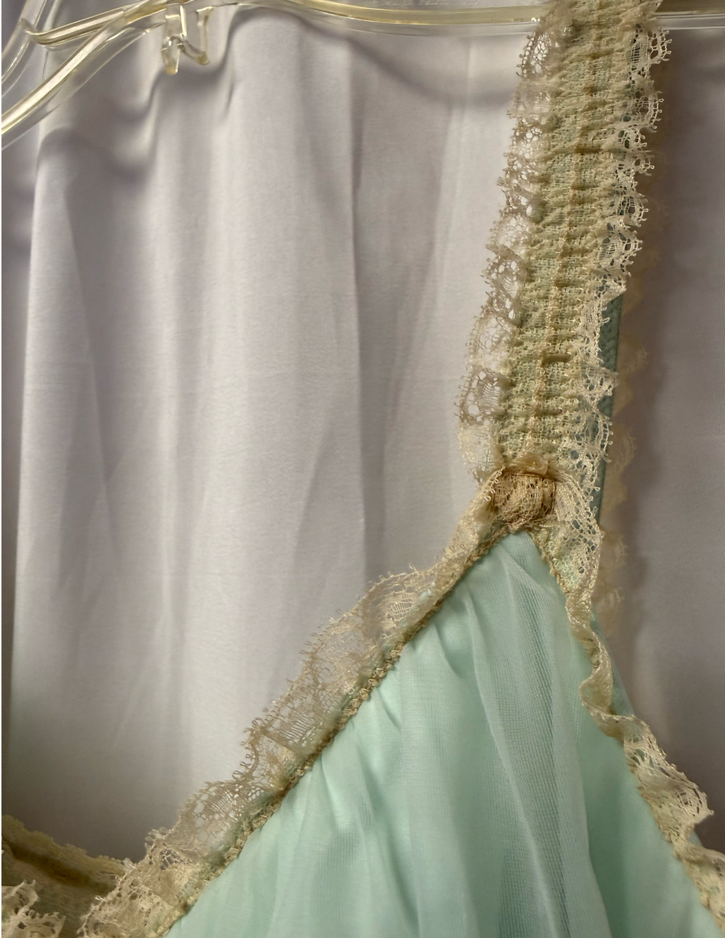 1960s Sheer Aqua Lingerie Slip with Cream Lace Trim – Size 38