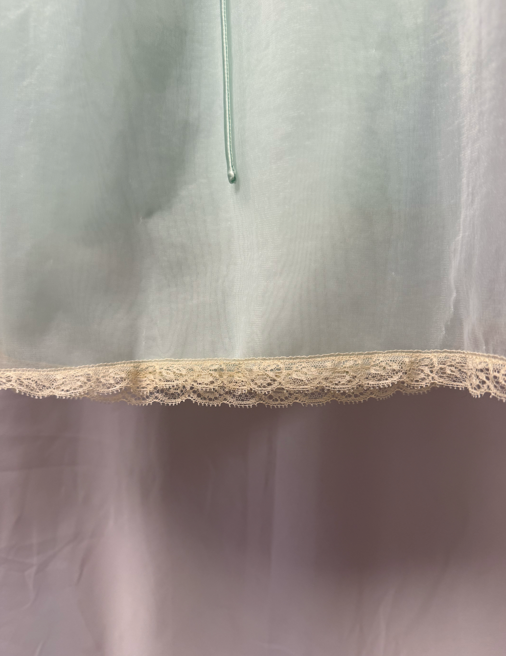 1960s Sheer Aqua Lingerie Slip with Cream Lace Trim – Size 38