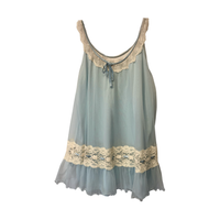 Vintage Powder Blue Sheer Babydoll Lingerie Top with Cream Lace Trim – Size S