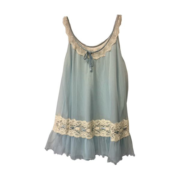 Vintage Powder Blue Sheer Babydoll Lingerie Top with Cream Lace Trim – Size S
