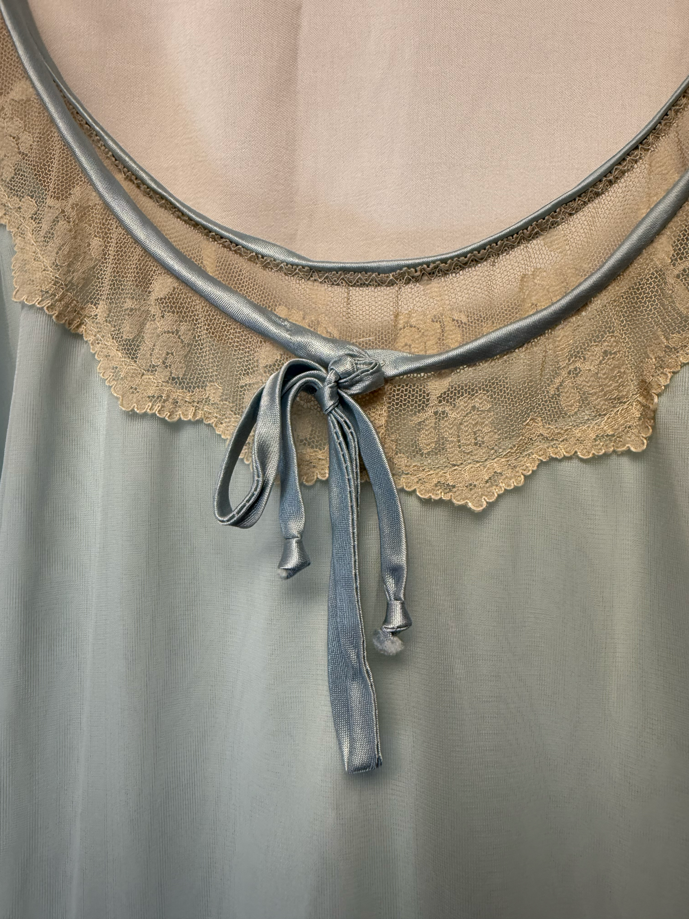 Vintage Powder Blue Sheer Babydoll Lingerie Top with Cream Lace Trim – Size S
