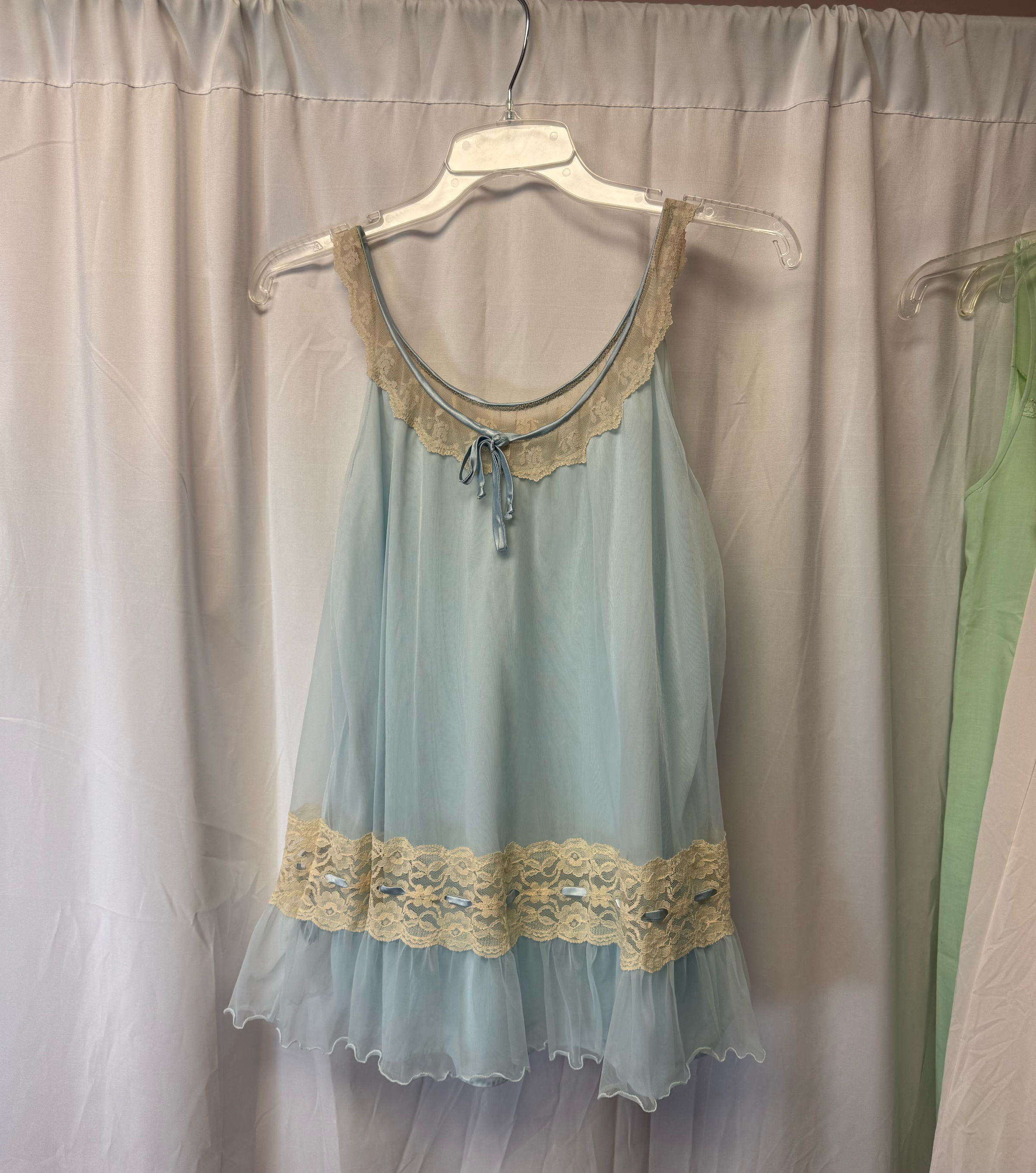 Vintage Powder Blue Sheer Babydoll Lingerie Top with Cream Lace Trim – Size S