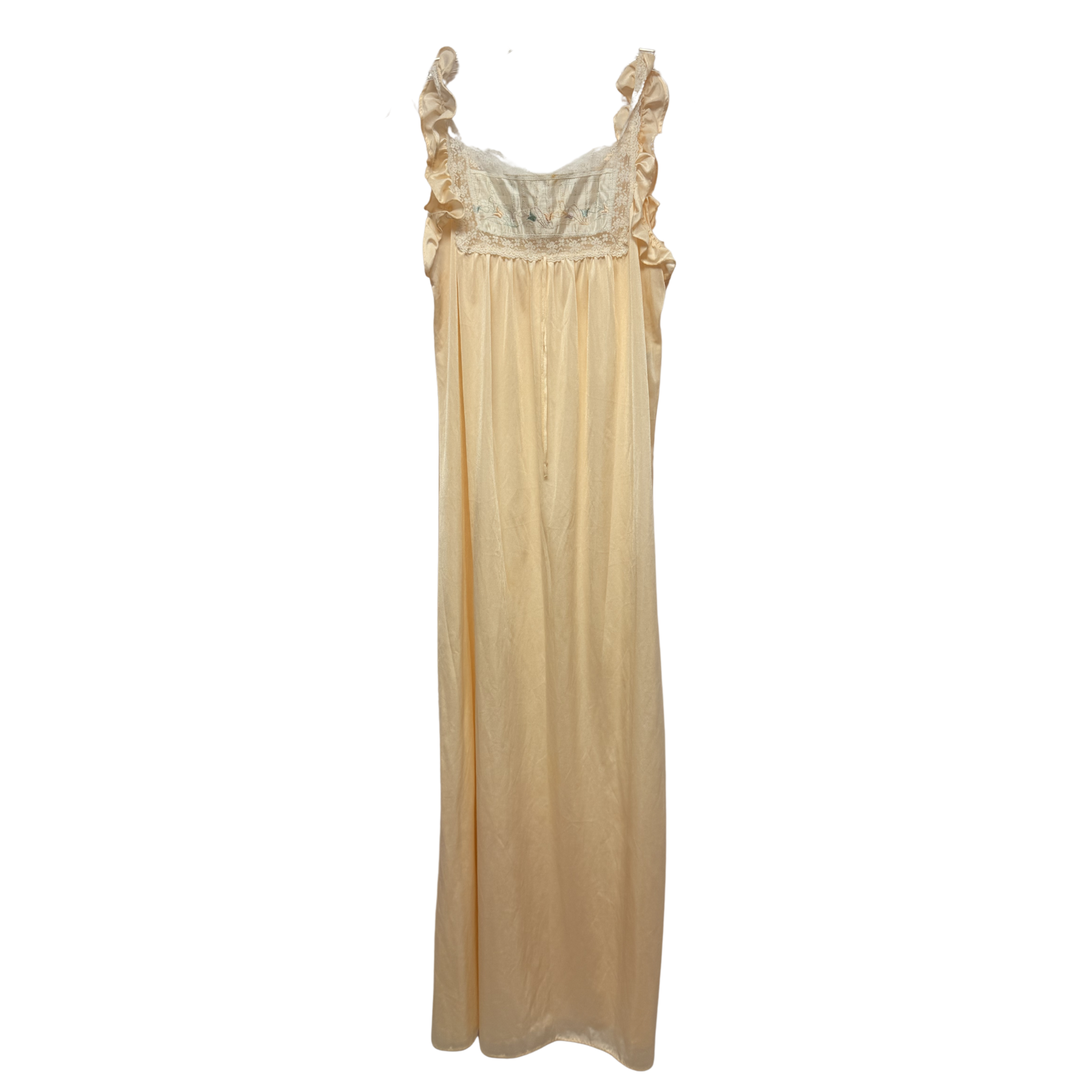 1970s Yellow Nylon Babydoll Nightgown with Floral Embroidery – Size S