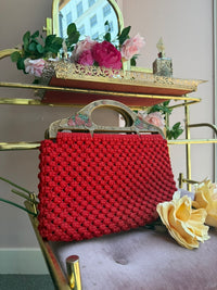1970s Red Macrame Handbag with Strawberry Handle
