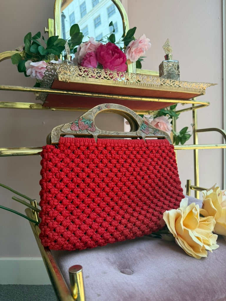 1970s Red Macrame Handbag with Strawberry Handle
