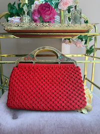 1970s Red Macrame Handbag with Strawberry Handle