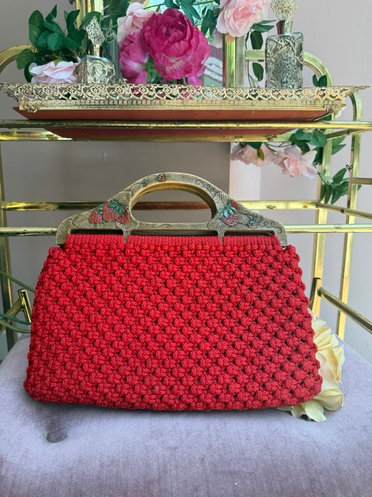 1970s Red Macrame Handbag with Strawberry Handle
