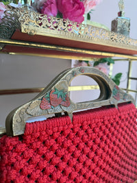 1970s Red Macrame Handbag with Strawberry Handle
