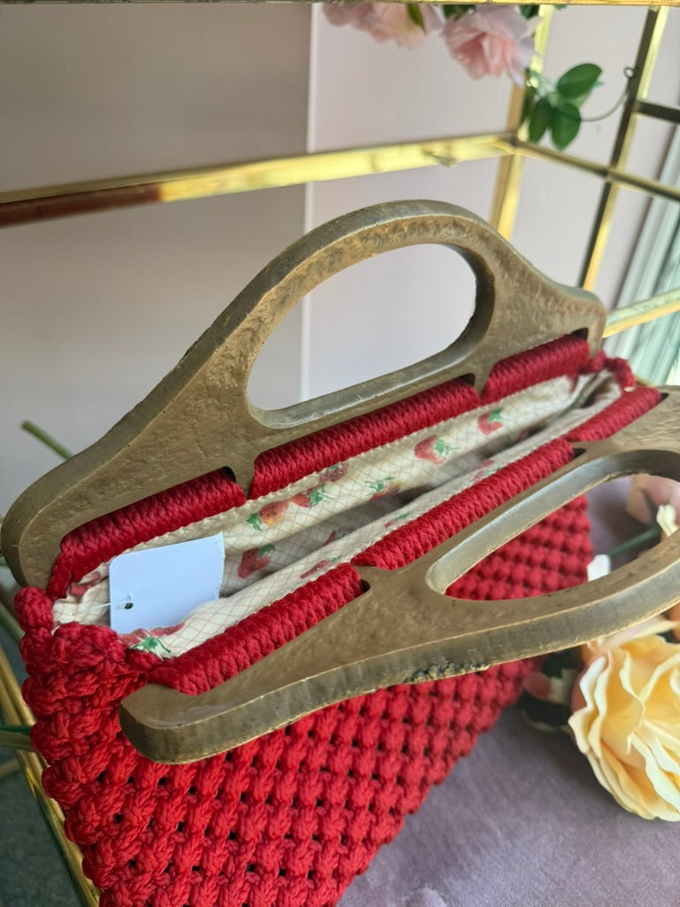 1970s Red Macrame Handbag with Strawberry Handle