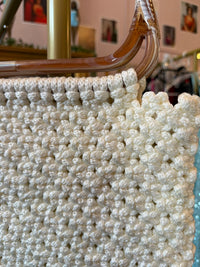 1970s White Beaded Macrame Top Handle Bag with Marbled Lucite Frame