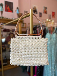 1970s White Beaded Macrame Top Handle Bag with Marbled Lucite Frame