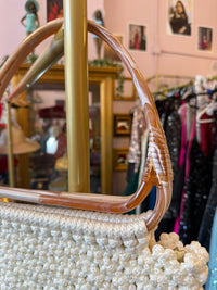 1970s White Beaded Macrame Top Handle Bag with Marbled Lucite Frame