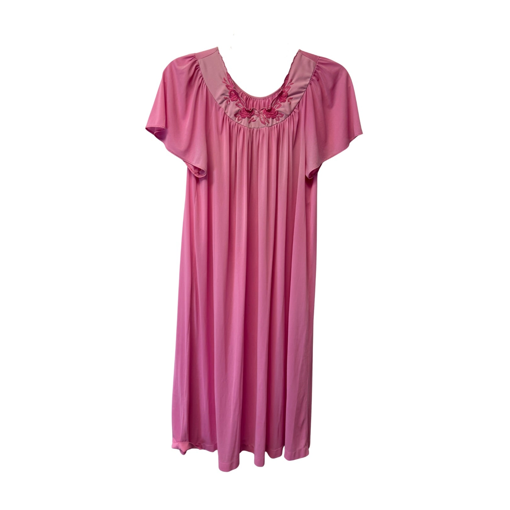 1980s Shadowline Bright Pink Flutter Sleeve Nightgown with Embroidered Roses – Size M